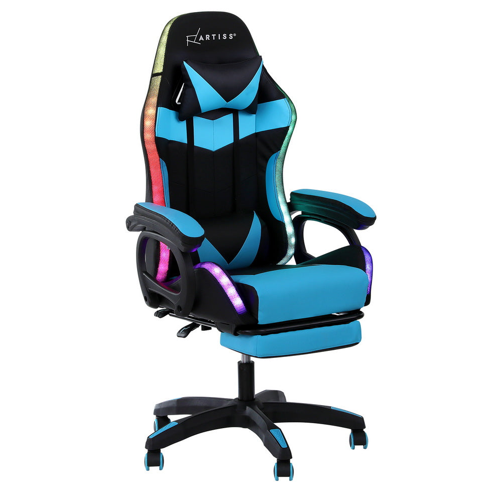 Gaming Office Chair 12 RGB LED Massage Seat Footrest - Cyan