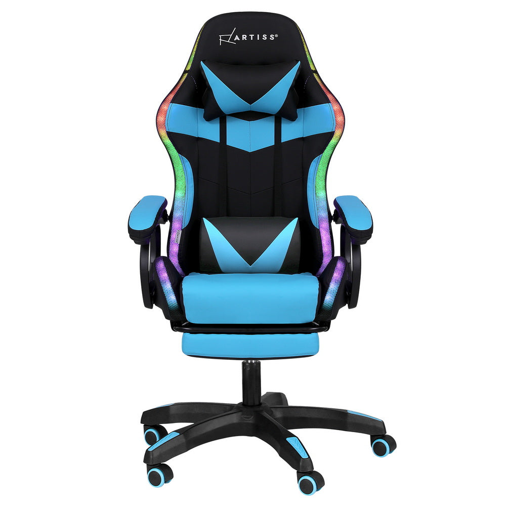 Gaming Office Chair 12 RGB LED Massage Seat Footrest - Cyan