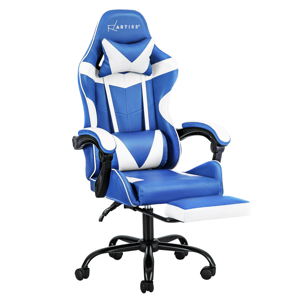 Gaming Office Chair Executive Leather Chair Footrest - Blue White