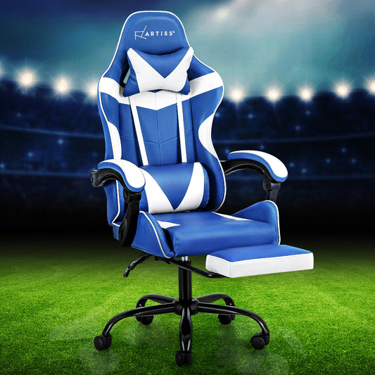 Gaming Office Chair Executive Leather Chair Footrest - Blue White