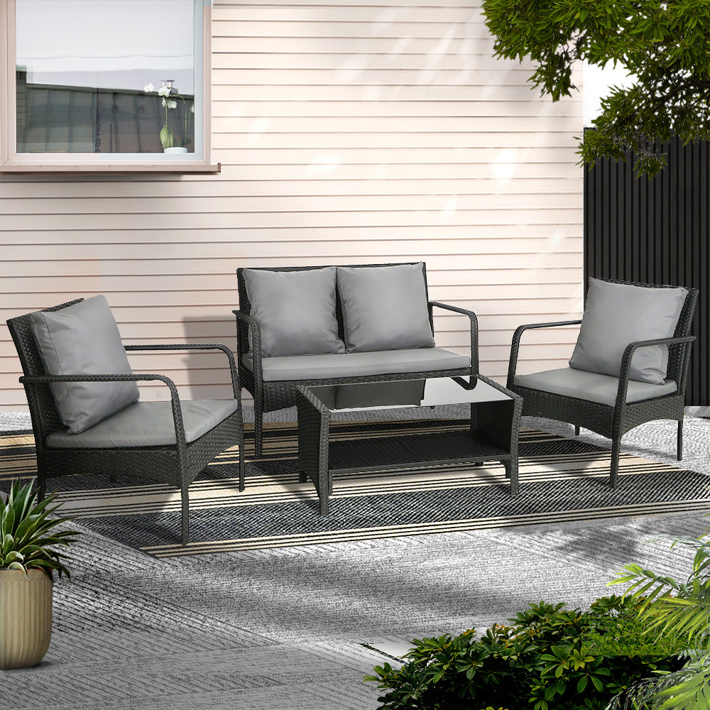 Outdoor Wicker Table and Chairs Sofa Set Lounge Setting - Black