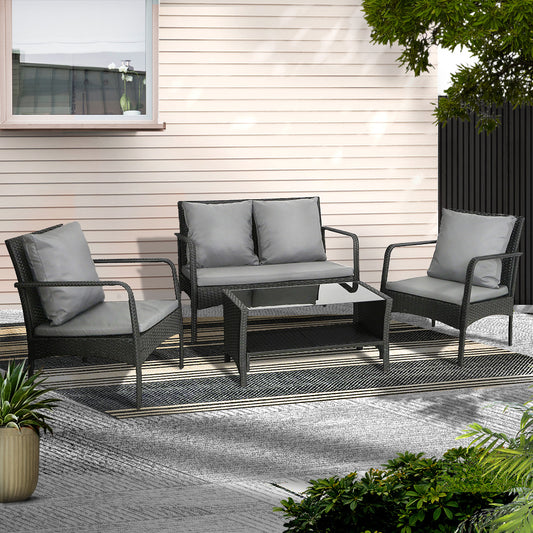 Outdoor Wicker Table and Chairs Sofa Set Lounge Setting - Black
