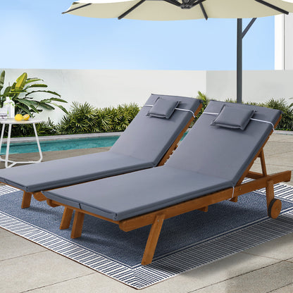 Set of 2 Sun Lounge Wooden Lounger Outdoor Furniture Day Bed Wheel Patio Grey