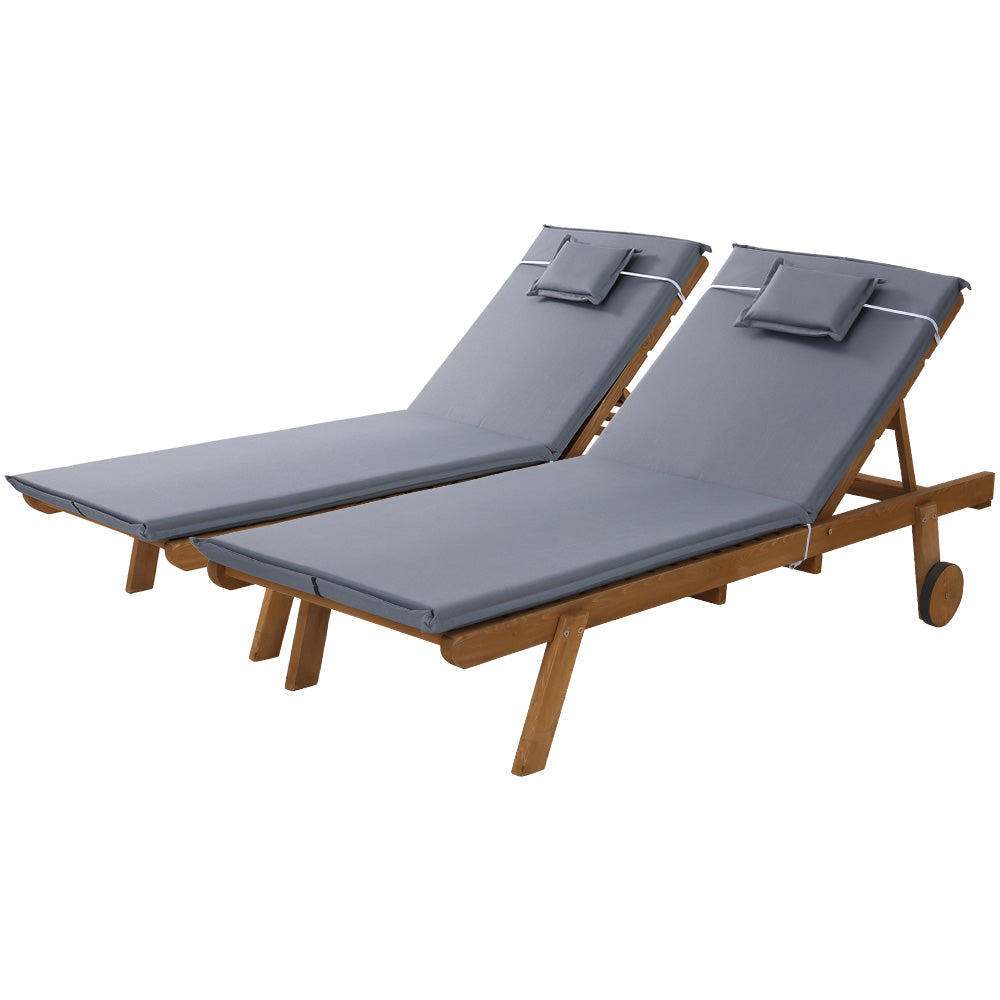 Set of 2 Sun Lounge Wooden Lounger Outdoor Furniture Day Bed Wheel Patio Grey