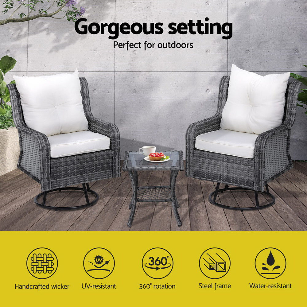 3PC Outdoor Wicker Furniture Bistro Set - Grey