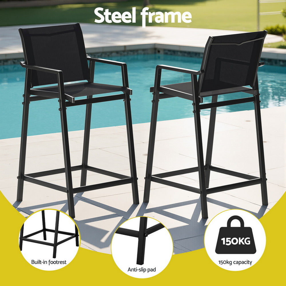 Set of 2 Outdoor Bar Stools Steel Dining Chairs Patio Furniture Garden Black