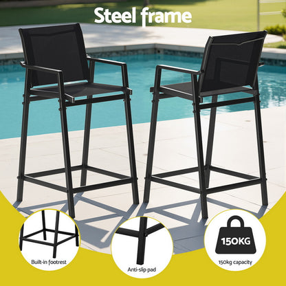 Set of 2 Outdoor Bar Stools Steel Dining Chairs Patio Furniture Garden Black