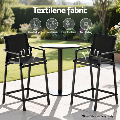 Set of 2 Outdoor Bar Stools Steel Dining Chairs Patio Furniture Garden Black