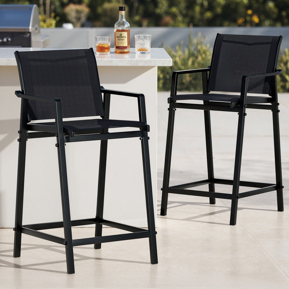 Set of 2 Outdoor Bar Stools Steel Dining Chairs Patio Furniture Garden Black