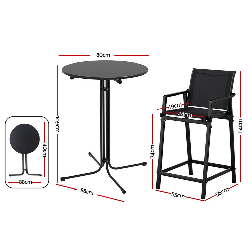 3PC Outdoor Bar Set Stools Dining Chairs Table Patio Furniture Bistro Set Steel Black