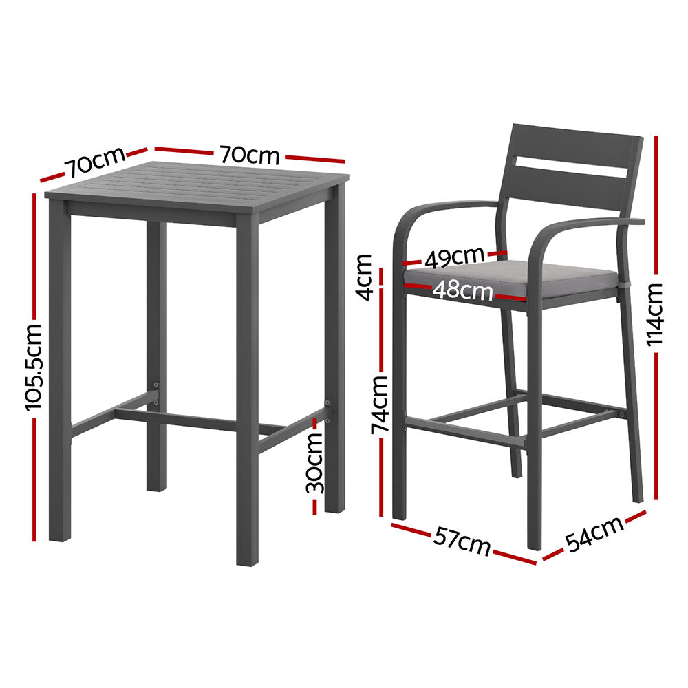 3 Piece Outdoor Bar Set Stools Dining Chairs Table Patio Aluminium Bistro Set Black