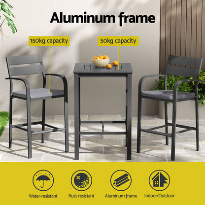 3 Piece Outdoor Bar Set Stools Dining Chairs Table Patio Aluminium Bistro Set Black