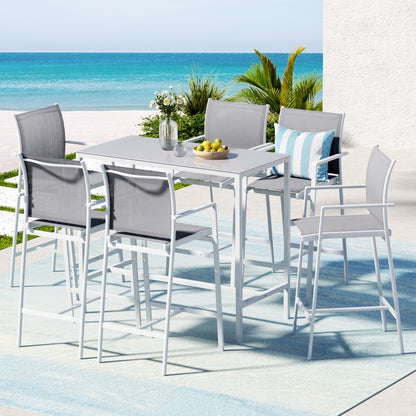 7PCS Outdoor Bar Set Stools Dining Chairs Table Patio Steel Bistro Set White