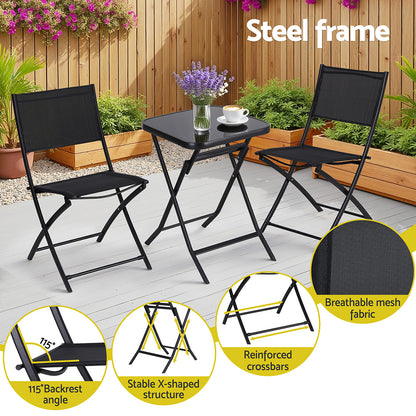 Outdoor Bistro Set Folding Table and Chairs Patio Furniture Garden Steel Black