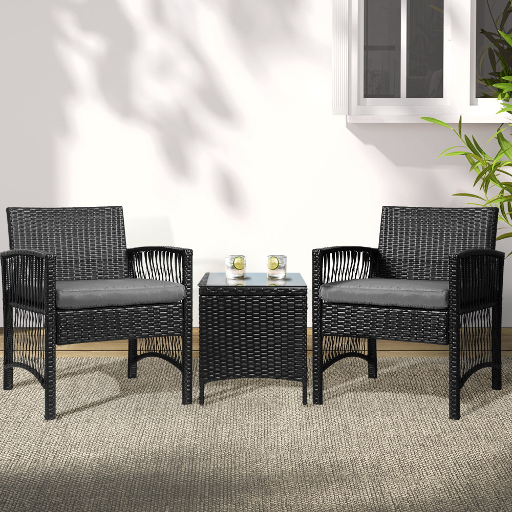 3PC Outdoor Wicker Bistro Set - Black