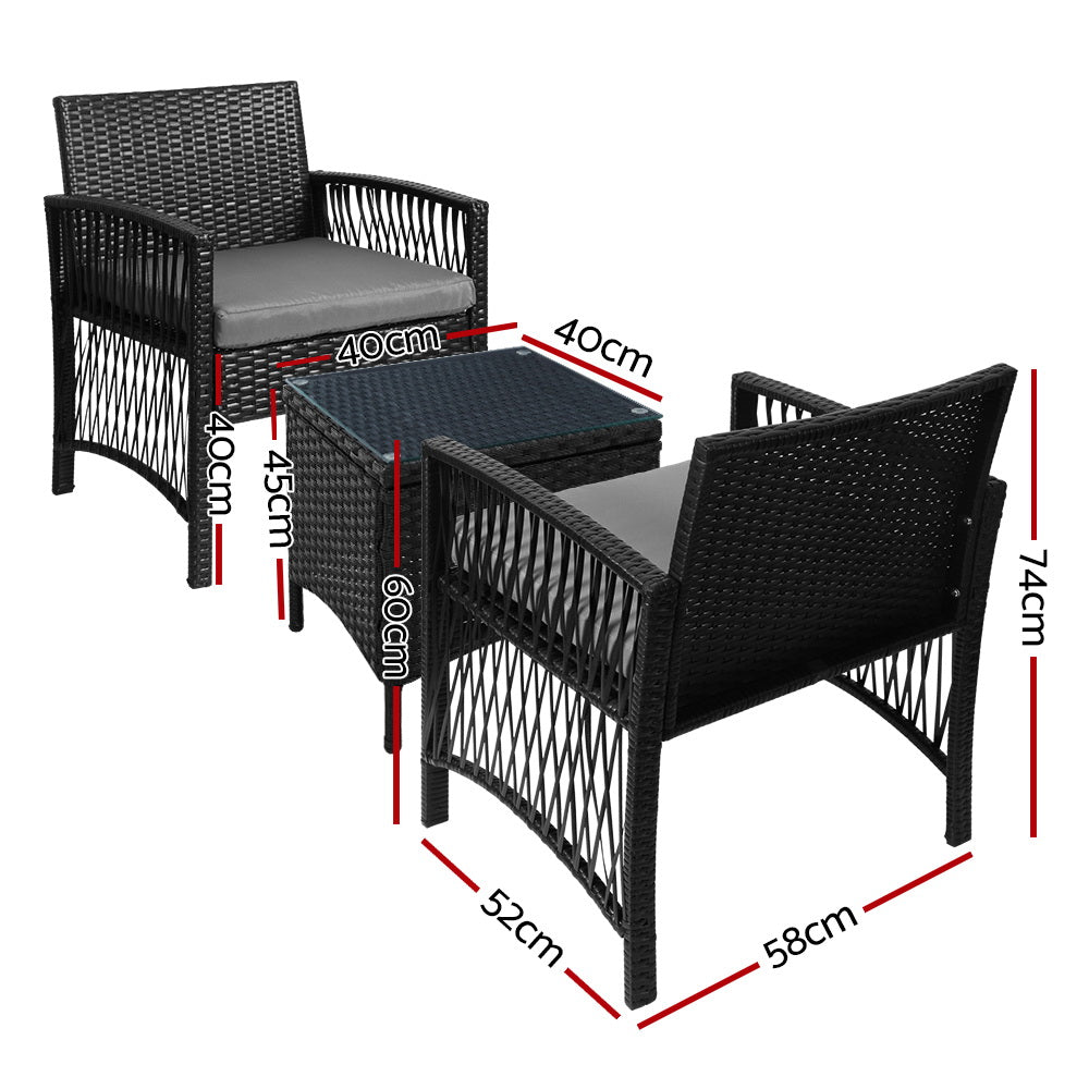 3PC Outdoor Wicker Bistro Set - Black