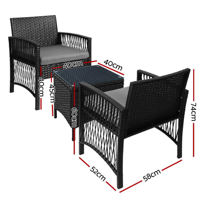 3PC Outdoor Wicker Bistro Set - Black