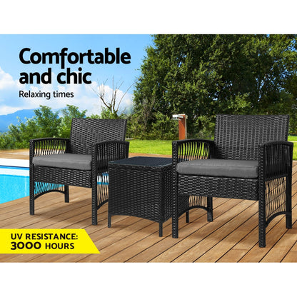 3PC Outdoor Wicker Bistro Set - Black