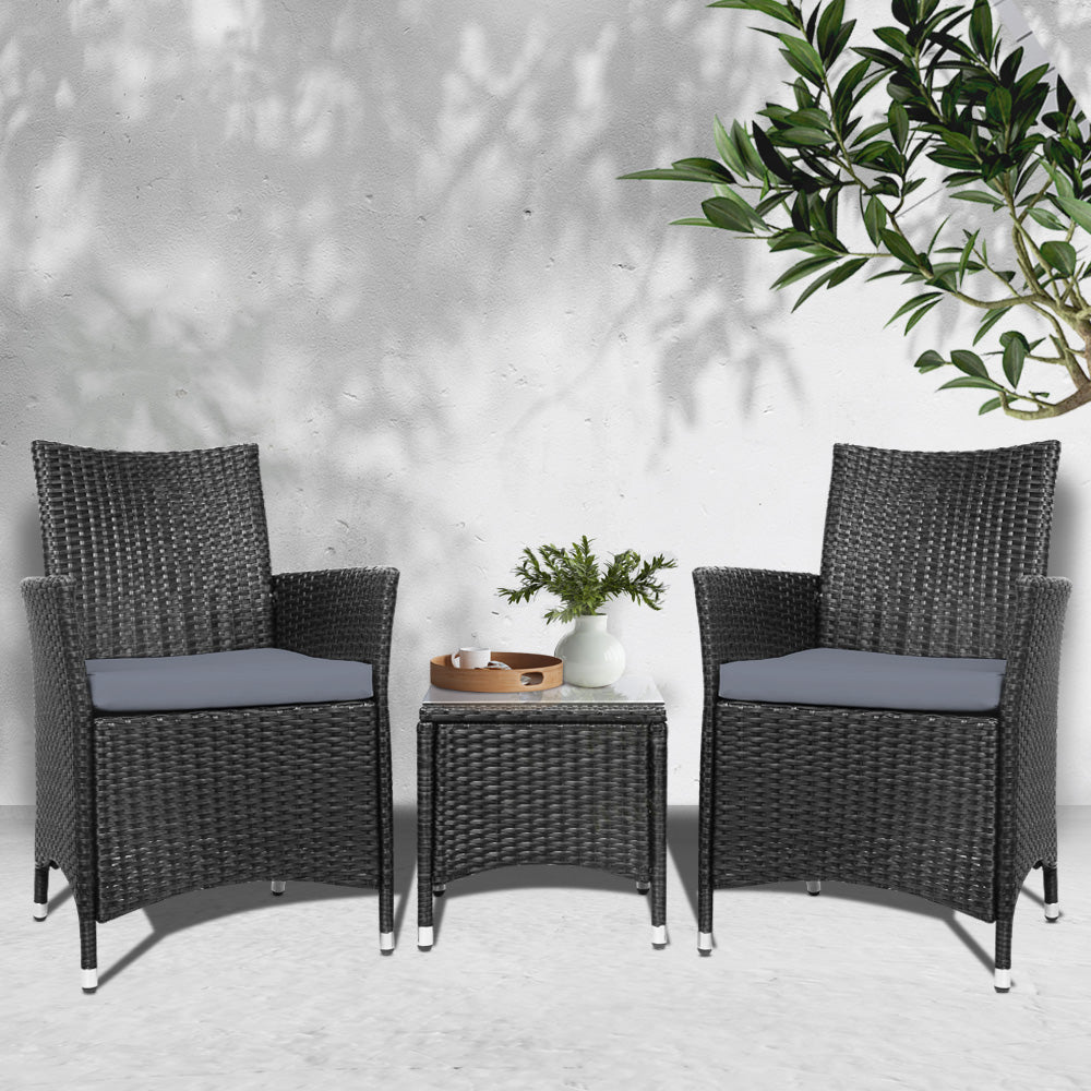 3PC Outdoor Bistro Set Patio Furniture Wicker - Black