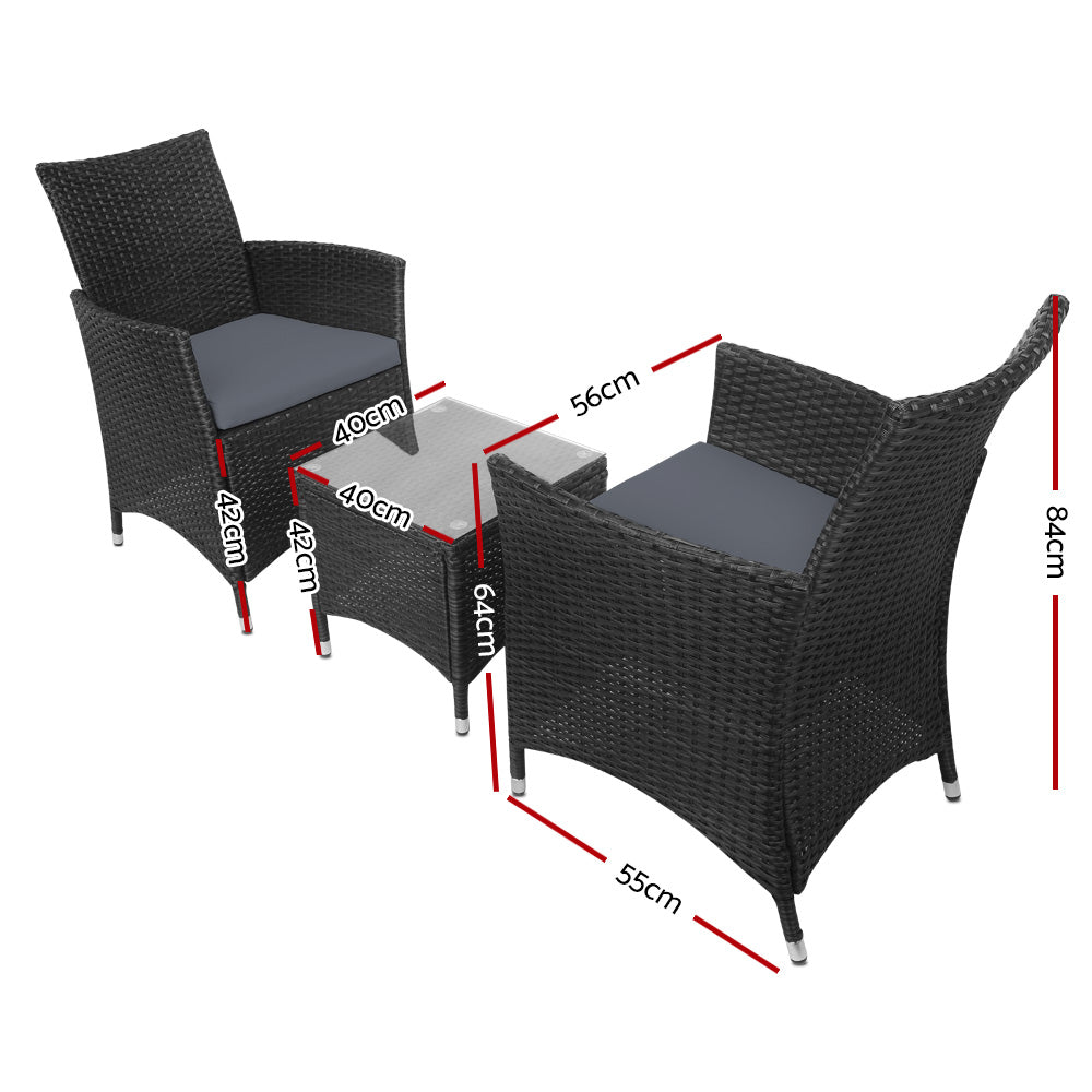 3PC Outdoor Bistro Set Patio Furniture Wicker - Black
