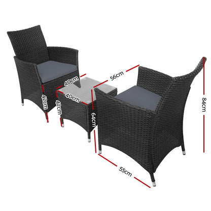 3PC Outdoor Bistro Set Patio Furniture Wicker - Black