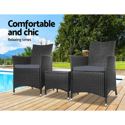 3PC Outdoor Bistro Set Patio Furniture Wicker - Black