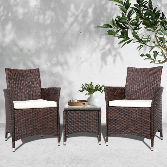 3PC Outdoor Bistro Set Patio Furniture Wicker - Brown