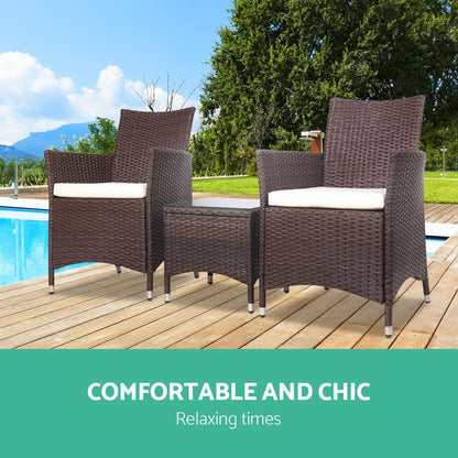 3PC Outdoor Bistro Set Patio Furniture Wicker - Brown