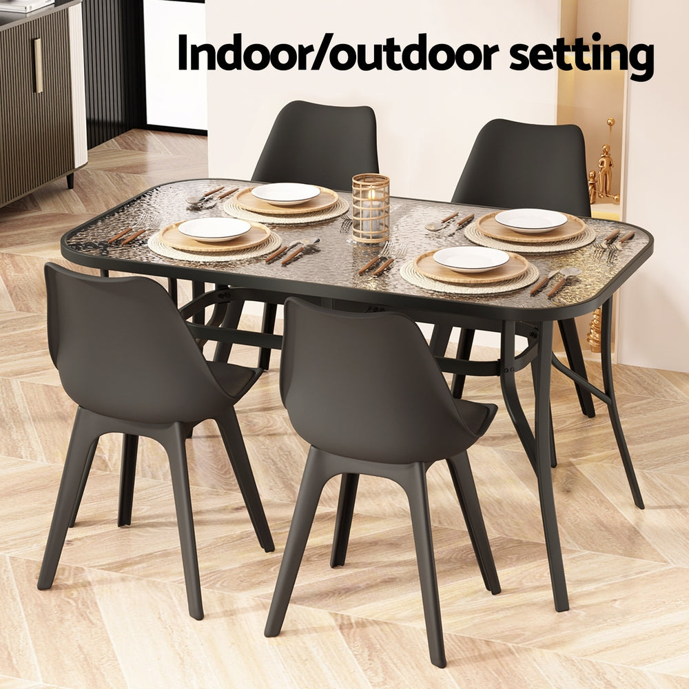 140CM Outdoor Dining Table Steel Frame Tempered Glass Parasol Hole Black