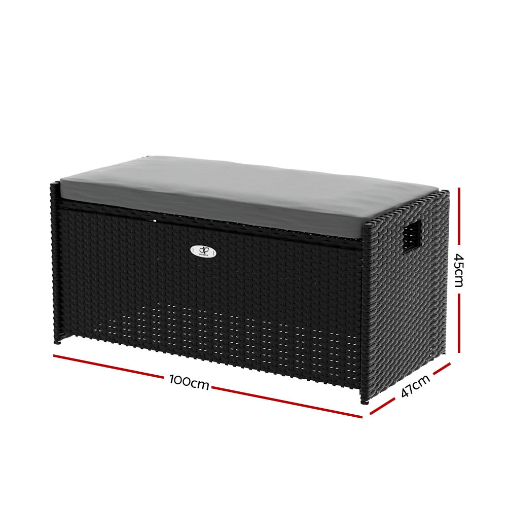 Outdoor Storage Bench Box Wicker Garden Sheds Tools Cushion Patio Furniture - Black