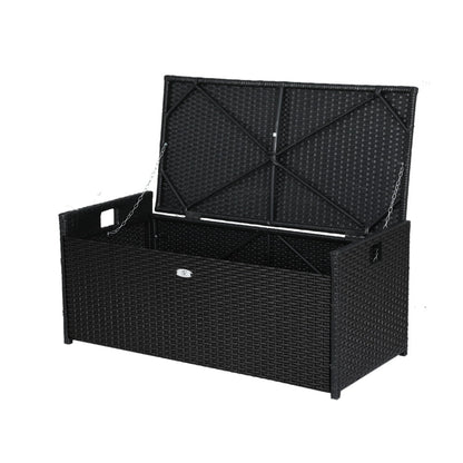 Outdoor Storage Bench Box Wicker Garden Sheds Tools Cushion Patio Furniture - Black