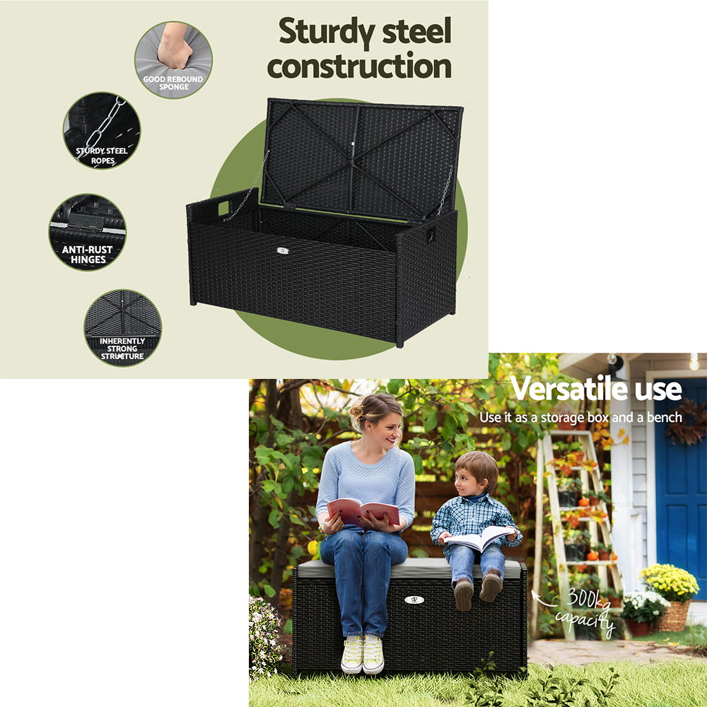 Outdoor Storage Bench Box Wicker Garden Sheds Tools Cushion Patio Furniture - Black