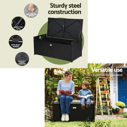 Outdoor Storage Bench Box Wicker Garden Sheds Tools Cushion Patio Furniture - Black