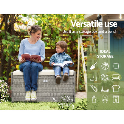 Outdoor Storage Bench Box Wicker Garden Sheds Tools Cushion Patio Furniture - Grey