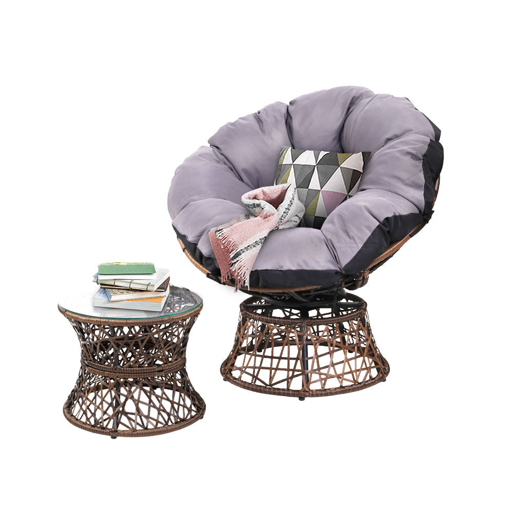 Outdoor Papasan Lounge Setting with Wicker Table - Brown