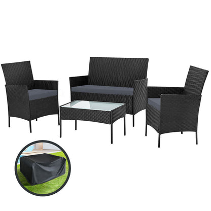 4 Seater Wicker Outdoor Sofa Set with Storage Cover - Black