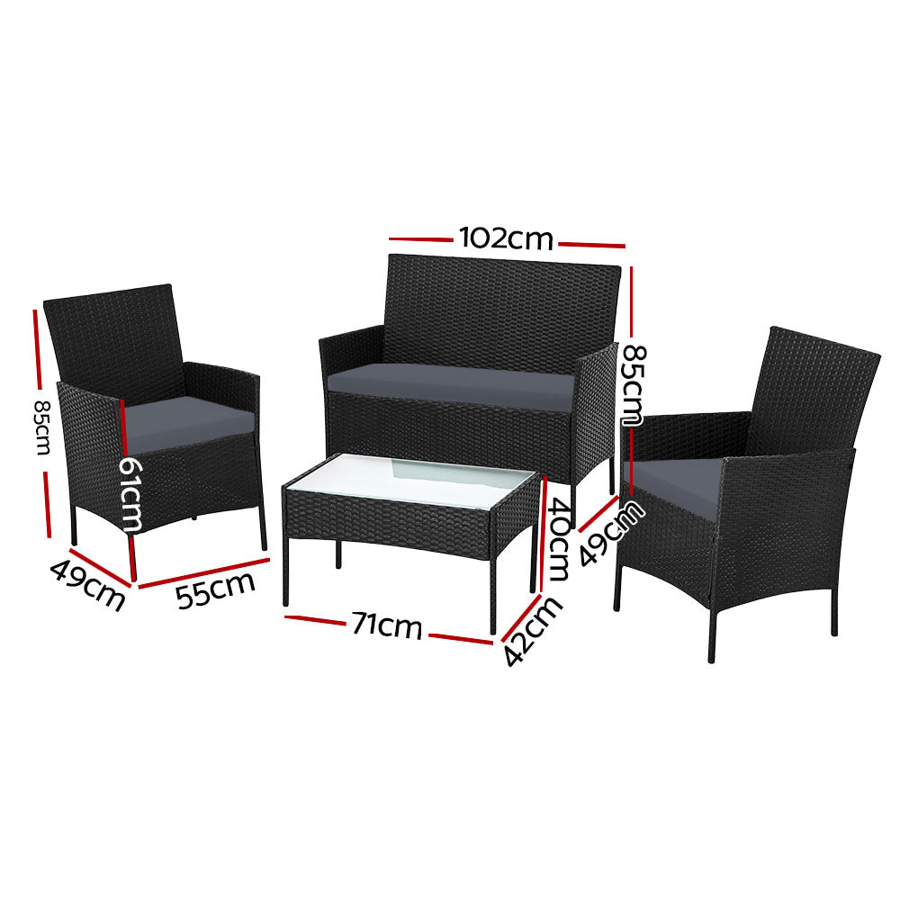 4 Seater Wicker Outdoor Sofa Set with Storage Cover - Black