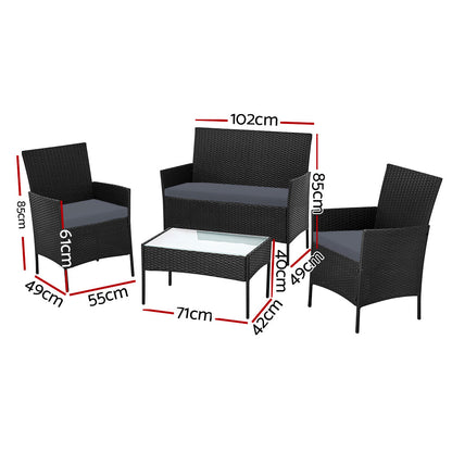 4 Seater Wicker Outdoor Sofa Set with Storage Cover - Black