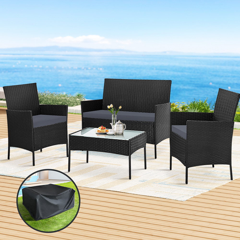 4 Seater Wicker Outdoor Sofa Set with Storage Cover - Black