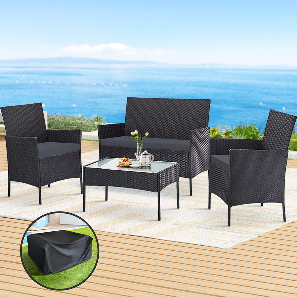 4 Seater Outdoor Wicker Sofa Set with Storage Cover - Dark Grey