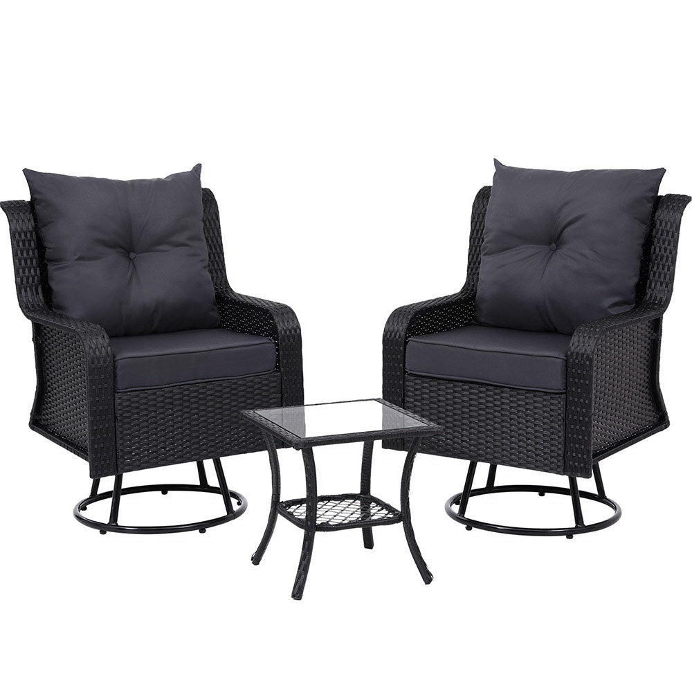 3PC Outdoor Wicker Bistro Set Lounge Swivel Chairs - Black