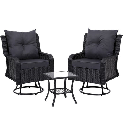 3PC Outdoor Wicker Bistro Set Lounge Swivel Chairs - Black