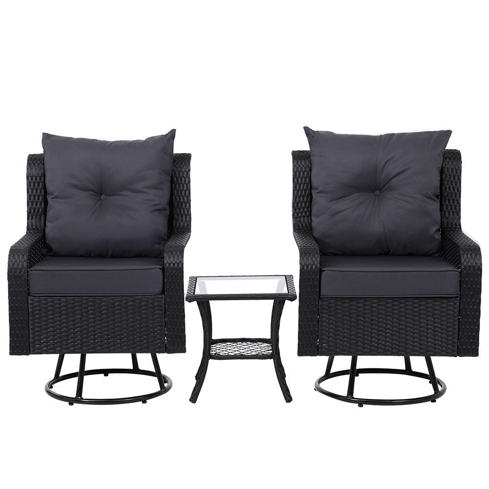 3PC Outdoor Wicker Bistro Set Lounge Swivel Chairs - Black