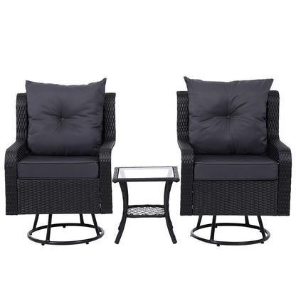 3PC Outdoor Wicker Bistro Set Lounge Swivel Chairs - Black