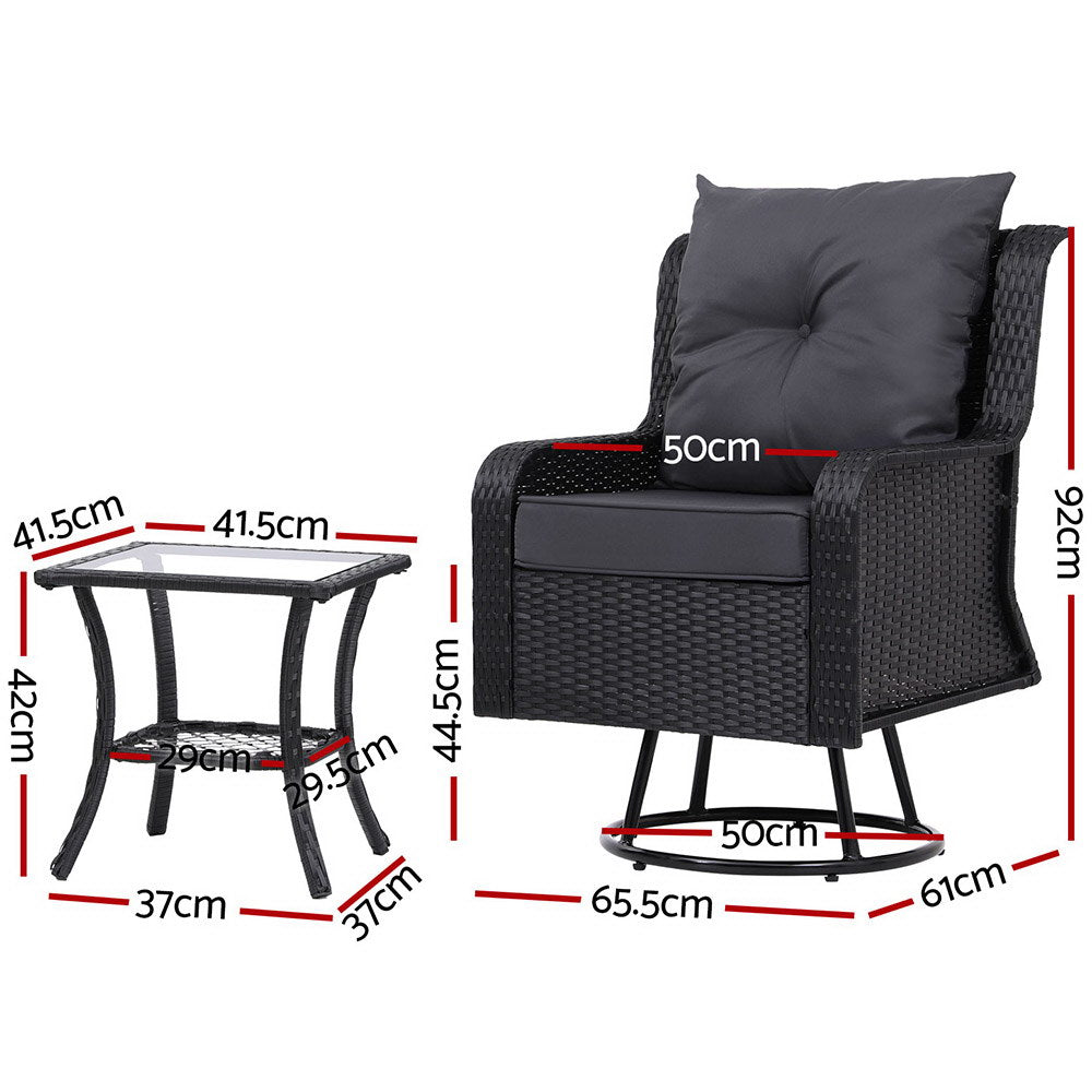 3PC Outdoor Wicker Bistro Set Lounge Swivel Chairs - Black