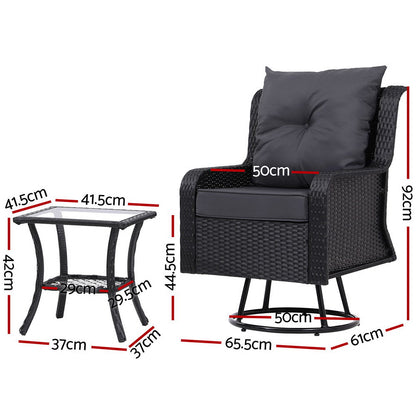 3PC Outdoor Wicker Bistro Set Lounge Swivel Chairs - Black