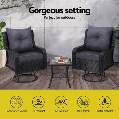 3PC Outdoor Wicker Bistro Set Lounge Swivel Chairs - Black