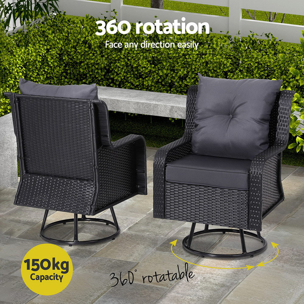 3PC Outdoor Wicker Bistro Set Lounge Swivel Chairs - Black