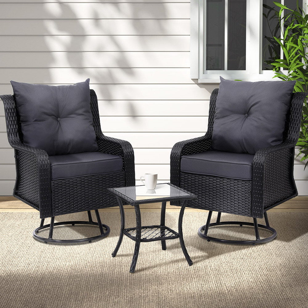 3PC Outdoor Wicker Bistro Set Lounge Swivel Chairs - Black