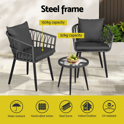 3PC Outdoor Bistro Set Patio Furniture Lounge Setting Table and Chairs Grey
